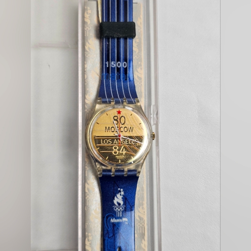Vtg Swatch Watch Atlanta 1996 Olympics GZ149 Coe Case 80 Moscow 84 LA Blue Gold